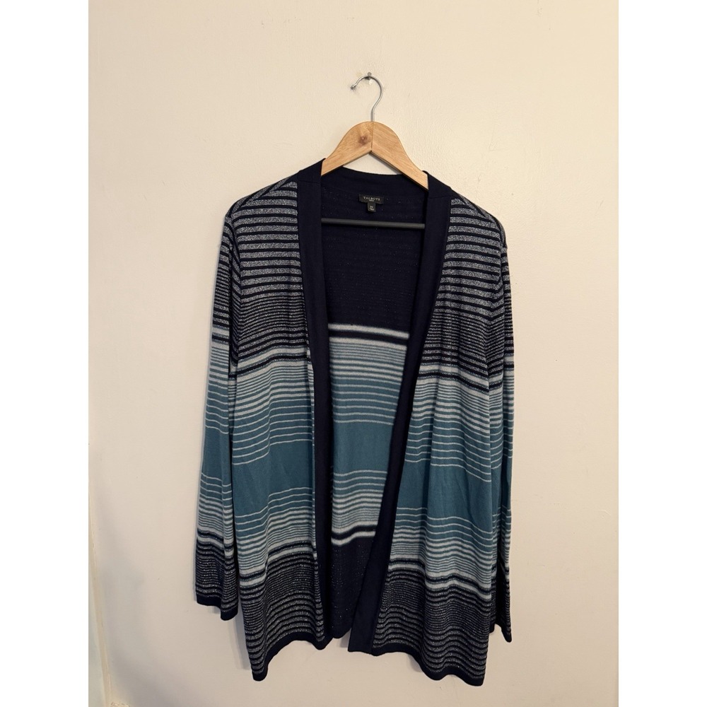 Talbots Women's Blue Striped Sparkle Long Open Cardigan Fall Cozy Size 2X